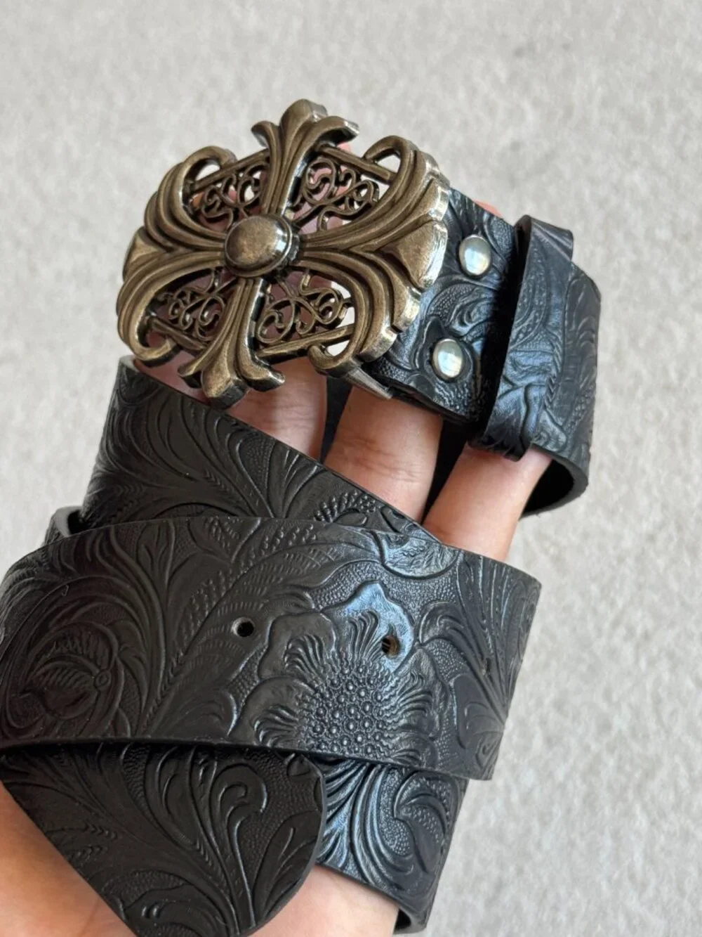 Black Floral Embossed Filigree Belt